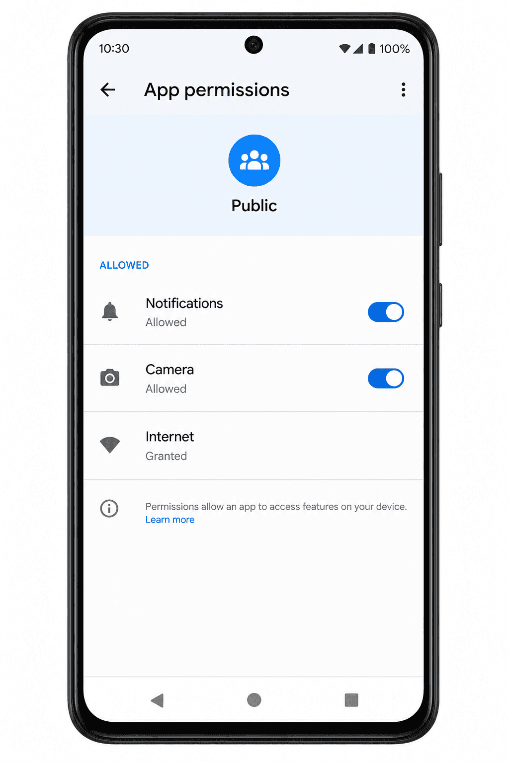 Android App permissions screen for Public showing Notifications, Camera, and Internet