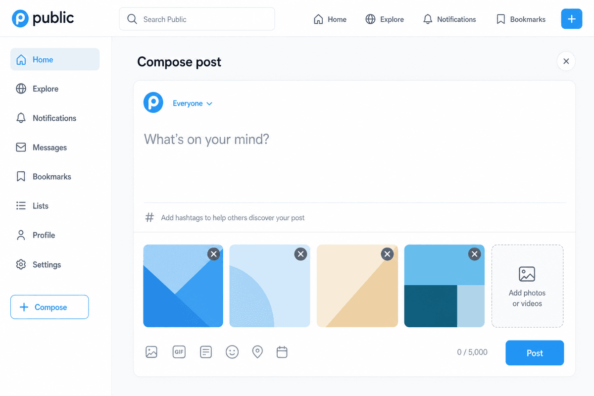 Public compose post screen with text field, media thumbnails, and Post button