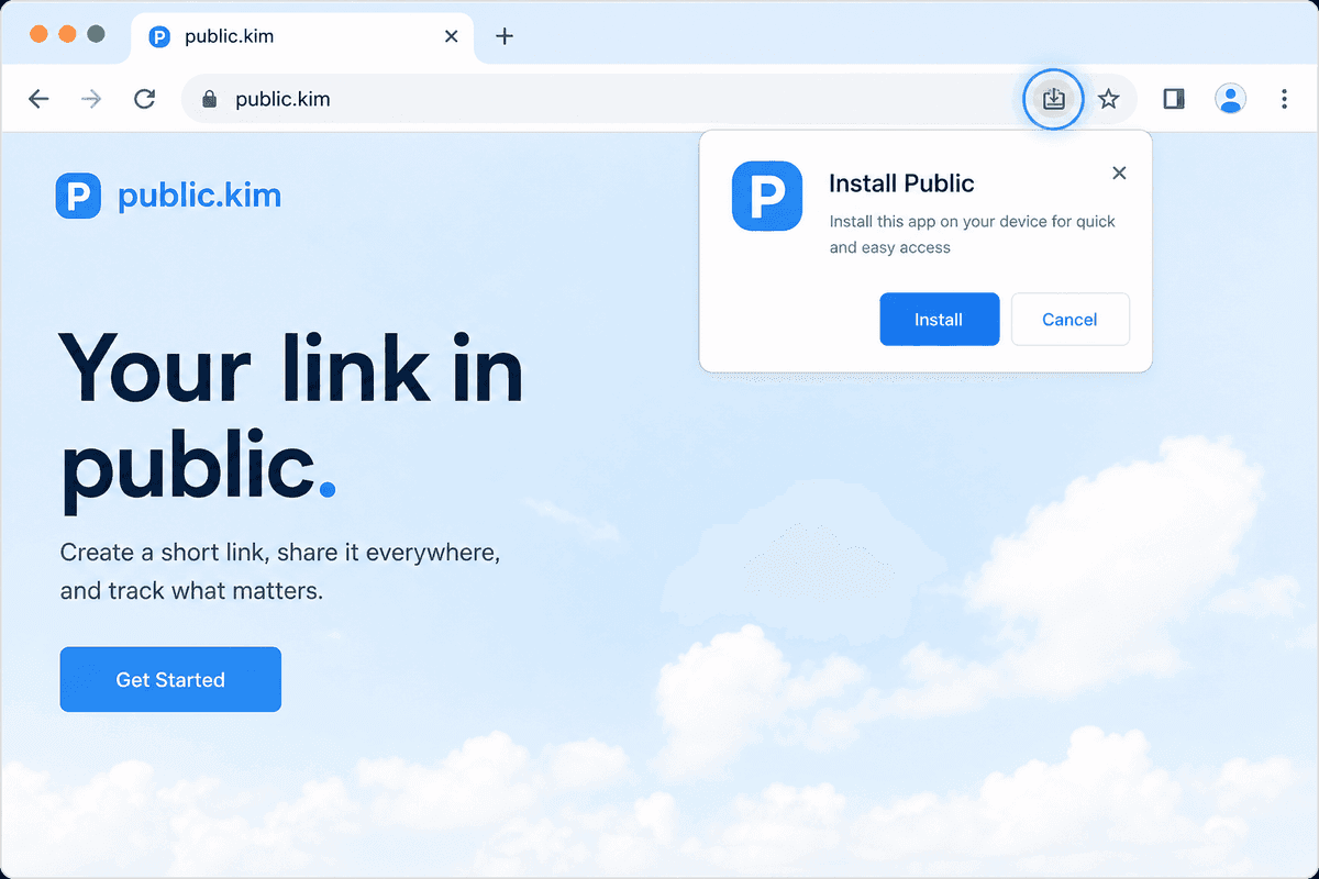 Browser install prompt to add Public (public.kim) as a Progressive Web App