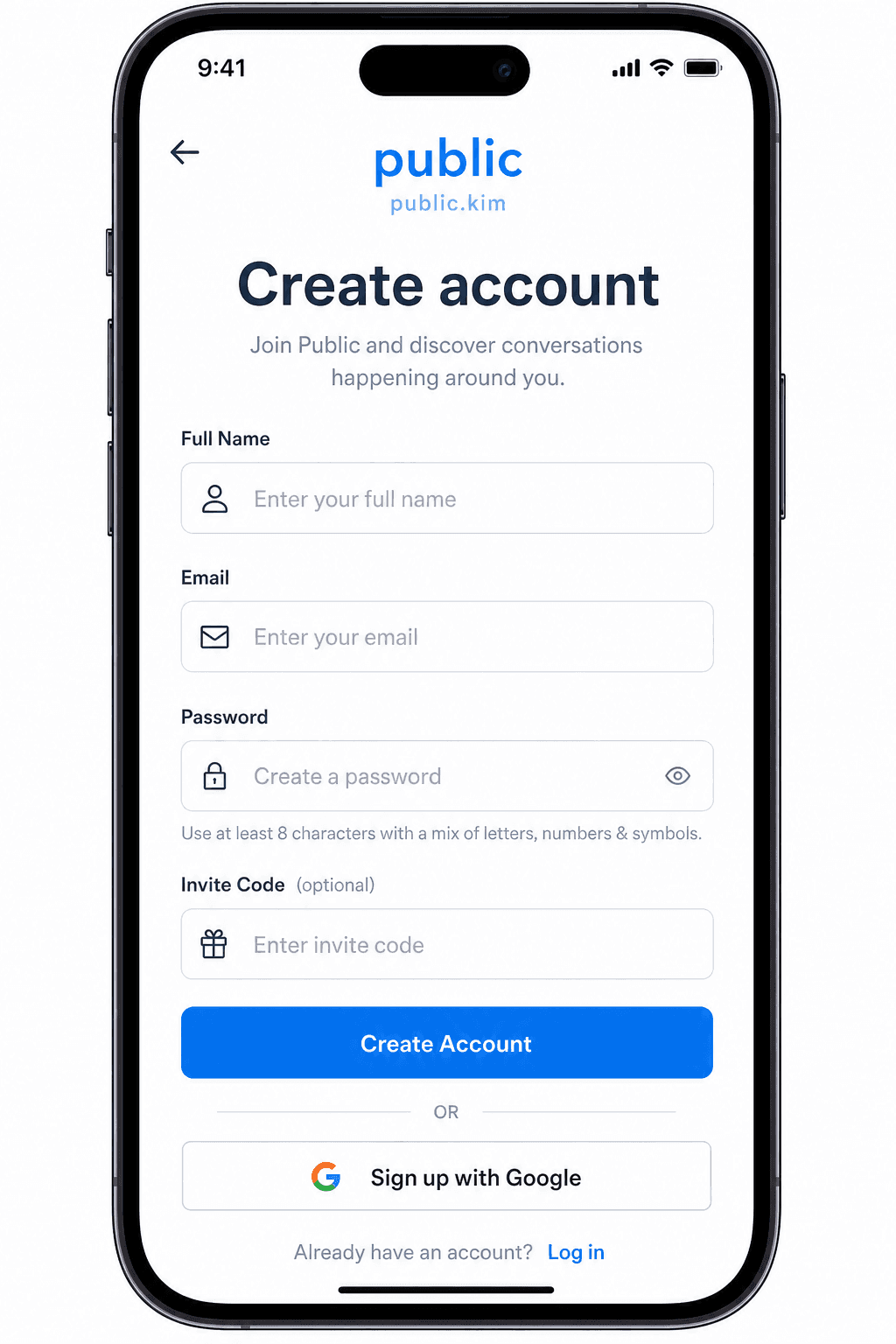 Public Create account screen with Full Name, Email, Password, Invite Code, Create Account, and Sign up with Google